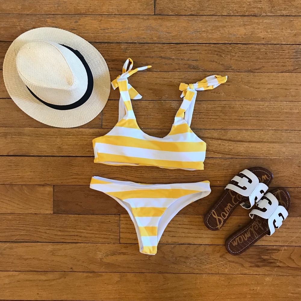 Yellow and white striped bikini